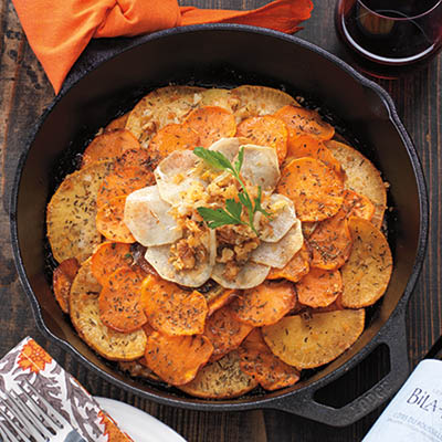 POMMES ANNA WITH TURNIP, CARROTS AND WALNUT GRATIN